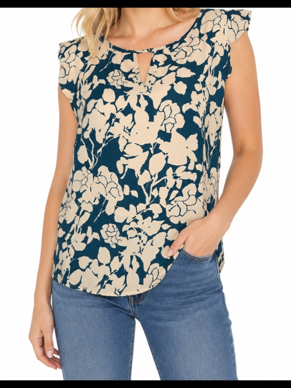 Floral Print Cap Sleeve Top in Teal and Cream